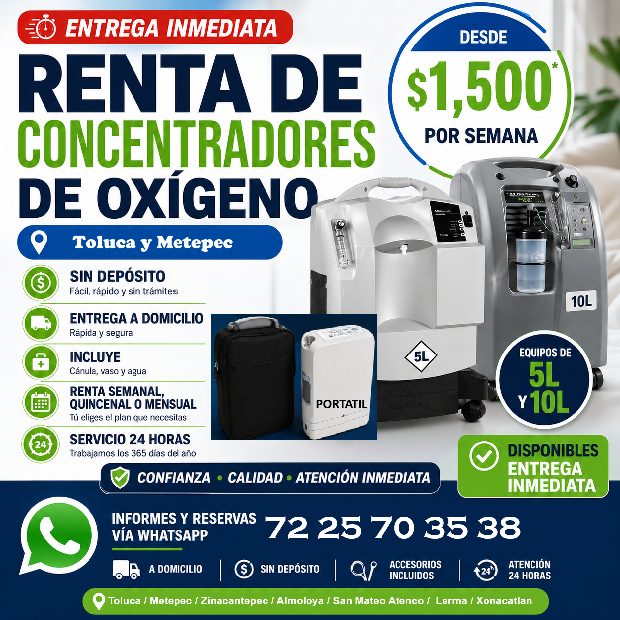Renta de concentradores de oxígeno en Toluca y Metepec, equipos de 5L, 10L y portátil